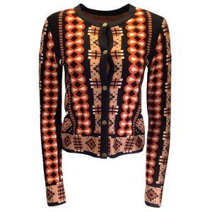 ALAIA BLACK / RED MULTI GEOMETRIC JACQUARD CARDIGAN KNIT SWEATER